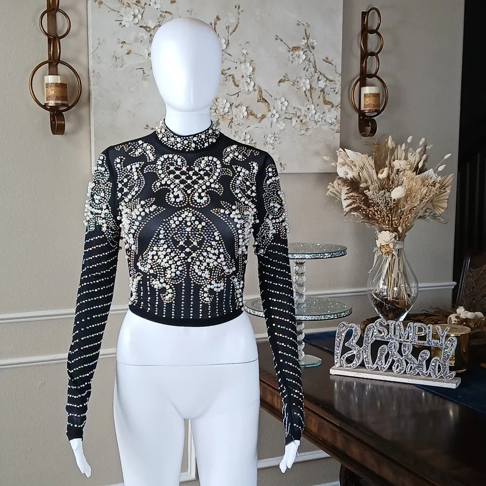 Banjul Black Beaded Long-Sleeve Crop Sheer Cocktail Mock Neck Top. Size M - Picture 4 of 17